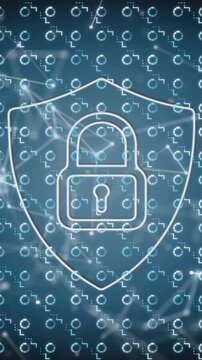 Animation of online security padlock and network of connections over dark background