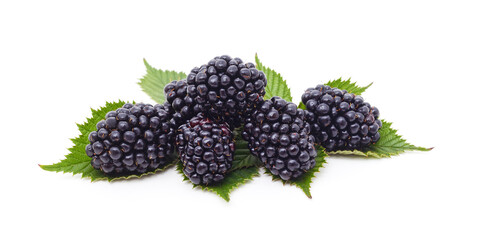 Fresh ripe blackberries with green leaves on a white background. © ANASTASIIA