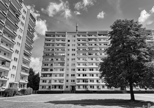 Black and White GDR Plattenbau High-Rise in East Germany