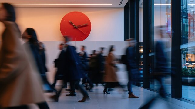 Red wall clock overlooking a blurred stream of commuters in a polished corporate lobby, featuring cool artificial lighting and copy space for business campaigns