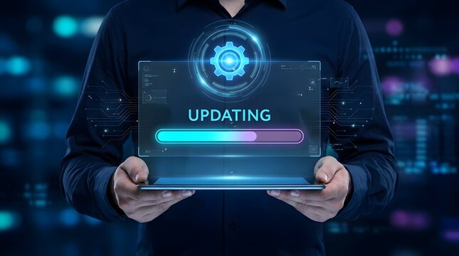 Man holding tablet displaying software update progress bar and gear icon