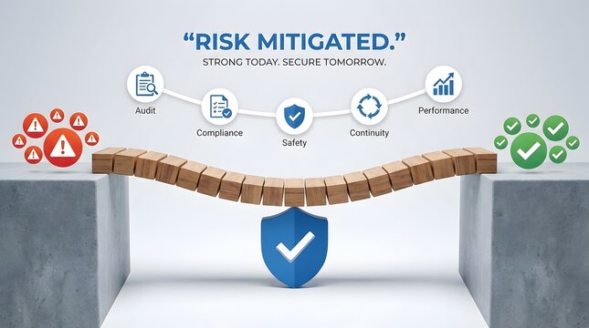 Risk mitigation bridge with icons for audit compliance safety continuity performance
