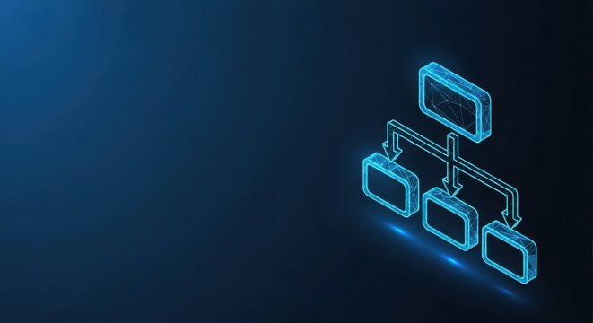 Abstract glowing blue flowchart diagram representing organizational structure and business processes