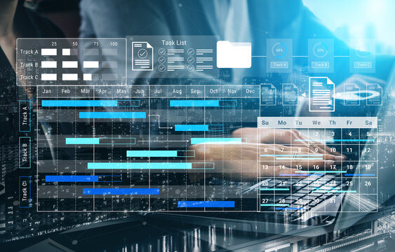 Businessman analyzing a project timeline and task list on a computer screen amidst a city skyline, showcasing modern technology and professional strategy development. Gantry