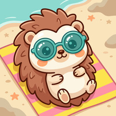 Obraz premium Cute Hedgehog Character Relaxing on Beach for Summer Product Mockup