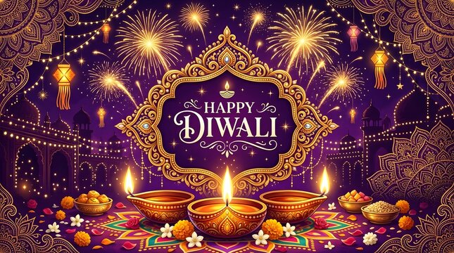 Happy diwali festive background with traditional oil lamps, fireworks, and intricate golden mandala patterns in a rich purple setting