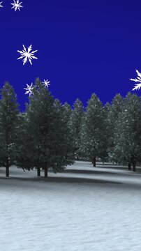 Multiple trees on winter landscape over snowflakes falling against blue background