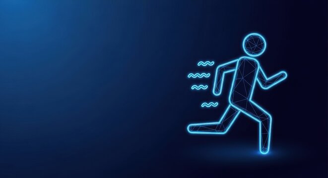 Neon outline of a geometric person running with speed lines on a dark blue digital background