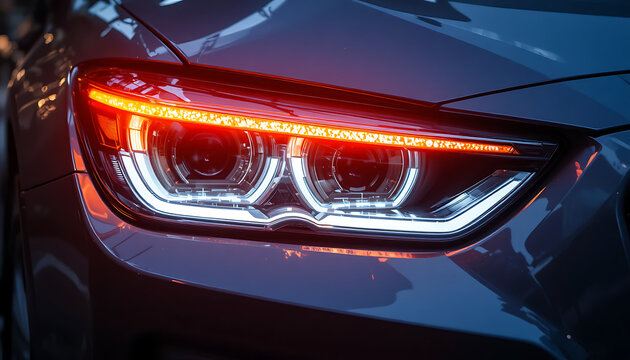Modern luxury car LED headlights glowing at night with futuristic orange and white illumination
