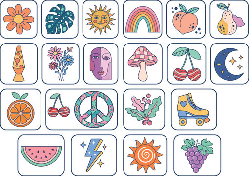 Retro 70s aesthetic icons, vintage groovy sticker set of 22 vectors. Pastel hippie symbols, funky summer patches for social media.