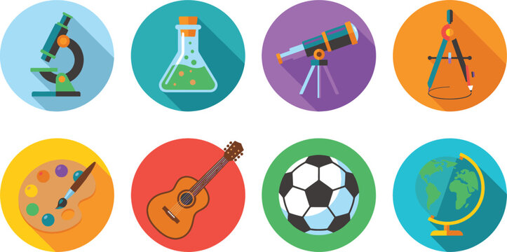 Science, Art, Music, and Education Flat Round Icons Set