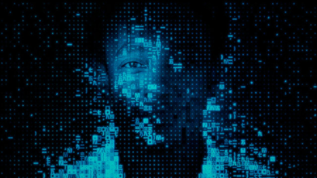 Man's Face formed from Code Fragments, representing Digital Banking Identity Concept.