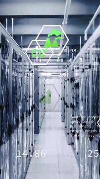 Animation of eco icons and digital data processing over computer servers