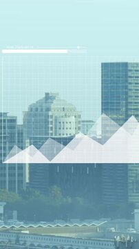 Animation of financial data processing over cityscape