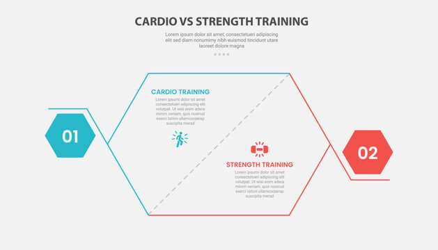 Cardio training vs strength training infographic outline style with 2 point comparison template with hexagon slice and bold shape at edge for slide presentation