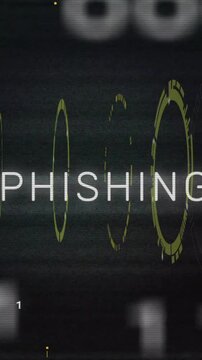 Animation of phishing text and digital data processing over black background