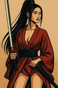 Fierce eyed warrior woman in flowing red robe wields a katana blade