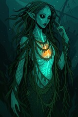 Fototapeta premium Mysterious aquatic entity radiates soft teal light within sunken vessel remains