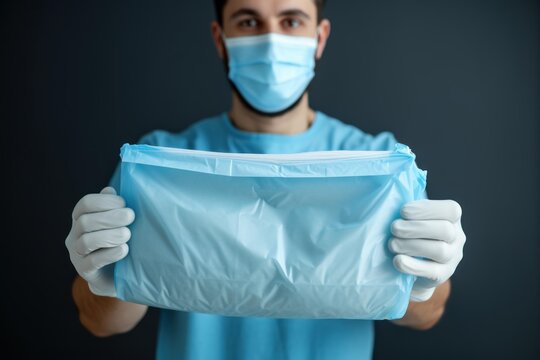Medical professional wearing mask and gloves offering a blue package of supplies