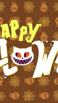 Happy Halloween text animation over pumpkin and star pattern background