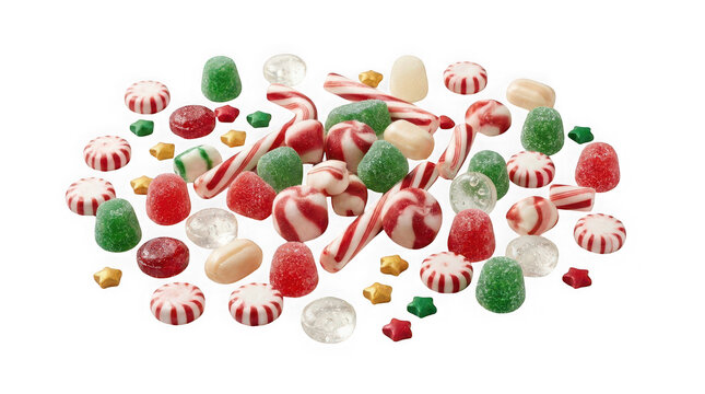 Assorted christmas candies including peppermint swirls, gumdrops, and candy canes isolated on transparent background