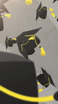 Graduation caps with tassels flying over students celebrating graduation in school