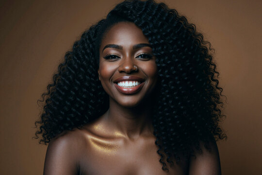 Portrait of young adult Black woman smiling at camera, showcasing natural beauty and confident self presentation. Ideal for skincare, beauty branding, wellness, inclusive marketing