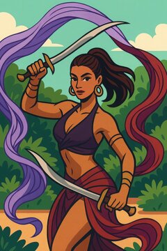 Strong attractive girl holding twin scimitars surrounded by swirling red and green fabrics