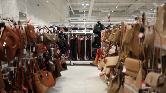Handbags belts and fashion accessories fill display racks inside a large retail store showing varied styles colors and designs arranged for customers during everyday shopping
