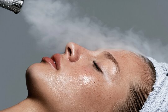 Woman receiving a facial steamer treatment with a fine warm mist on her glowing skin, for beauty salons and skincare routines