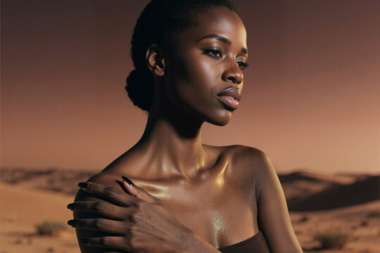 Close up of young adult Black woman posing with hand on shoulder against desert backdrop, conveying skincare beauty confidence. Ideal for wellness, cosmetics, self care branding