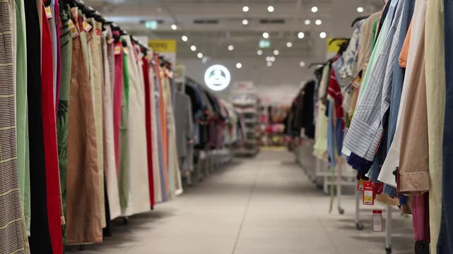 Colorful trousers shirts and casual clothing hang along a spacious aisle inside a modern fashion store showing varied apparel choices ready for customers to browse today