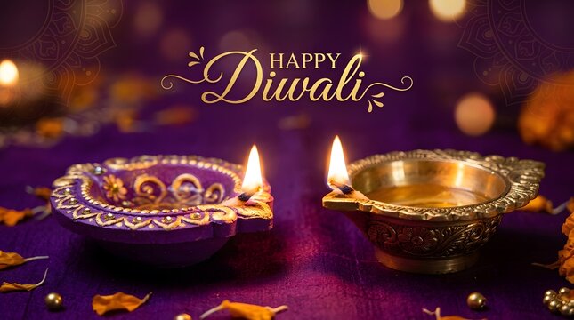 Happy diwali greeting card featuring two ornate diya lamps glowing on a purple background with marigold petals and golden bokeh lights