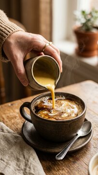 Person pouring yellow turmeric cream into coffee mug on rustic wooden table with natural window light