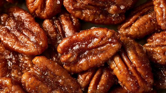 Candied pecans macro close-up, glossy caramelized texture &mdash; perfect for snack branding, holiday food marketing, and gourmet packaging design