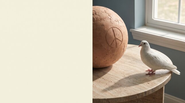 White dove next to a clay peace symbol globe on a wooden table with copyspace