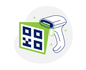 Plakat Vector illustration of a handheld barcode scanner reading a QR code. Modern line icon concept for retail, warehouse inventory, and POS systems. Isolated on a white background.