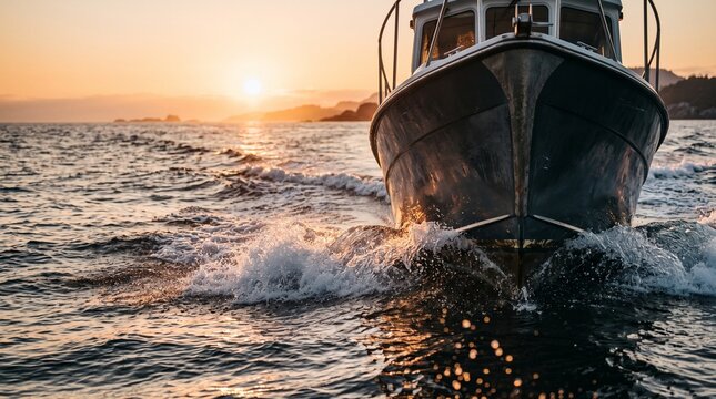 A powerboat cuts through the water at sunrise or sunset, creating a dynamic wake with golden light reflecting on the waves.