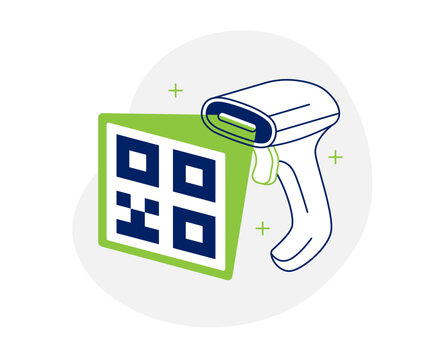 Vector illustration of a handheld barcode scanner reading a QR code. Modern line icon concept for retail, warehouse inventory, and POS systems. Isolated on a white background.