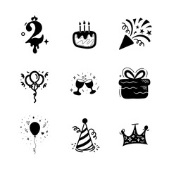 Fototapeta premium Doodle Style Birthday Celebration Icon Silhouette Bundle
