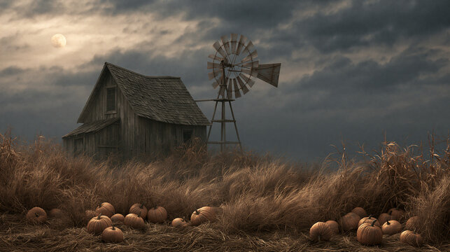 Old rustic wooden farmhouse with large metal windmill in pumpkin field beneath moon on white background