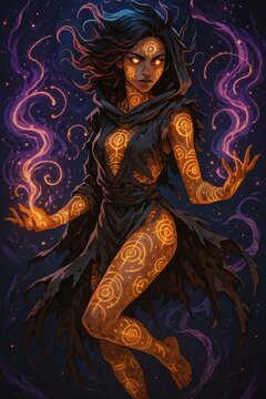 Seductive dark magic practitioner surrounded by ethereal violet fire and glowing arcane markings