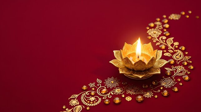 Beautiful golden lotus diya lamp with decorative floral ornaments and crystals on a rich red background