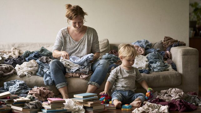 A young parent trying to fold laundry on a couch while a toddler plays with a toy nearby, surrounded by scattered books and clothes.