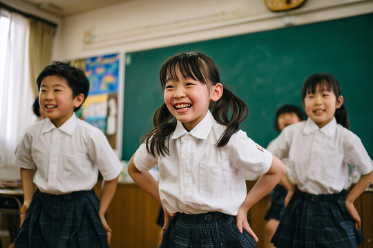 Japanese elementary school students and their teacher dancing in the classroom, cheerful atmosphere.