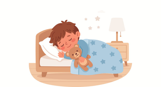 Cute Child Sleeping in Bed with Teddy Bear, Bedtime Routine Vector Illustration