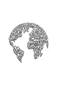 A minimalist concept illustration of a world map comprised of stylized human silhouettes on a stark white background.