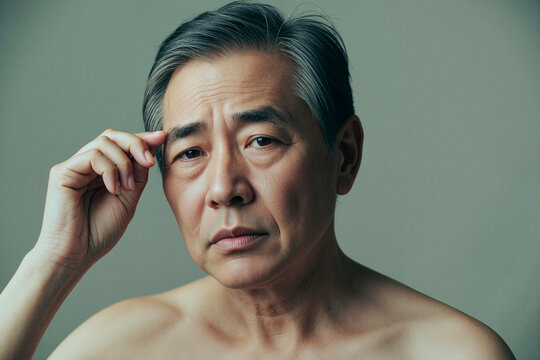 Portrait of senior Asian man touching temple and looking at camera, expressing concern, aging, memory, or health awareness. Useful for wellness, senior care, insurance, or medical campaigns