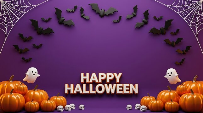 Happy halloween greeting with ghost emoji characters and pumpkins