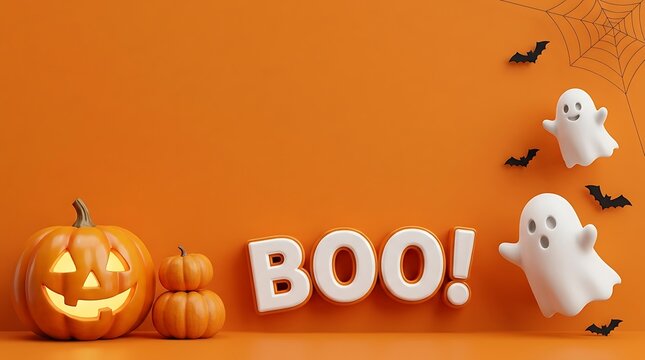 Halloween pumpkin with ghost and bat decorations on orange background saying boo